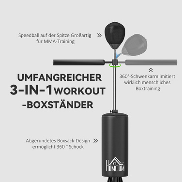 Стендовий боксерський мішок HOMCOM зі швидкісною кулею та еластичною паличкою, регульована висота, для дорослих, 155-205 см, чорний