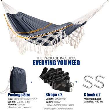 Гамак Anyoo Outdoor з бамбуковими кистями та ременями для дерева, вантажопідйомність 200 кг, зручний та дихаючий бавовняний гамак з сумкою для перенесення, підходить для тераси, балкону, двору, саду, темно-сірий