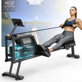 Веслувальний тренажер Neezee для дому, водний, з Bluetooth-монітором і тримачем для планшета, макс. вага 150 кг, вертикальне зберігання, транспортувальні колеса