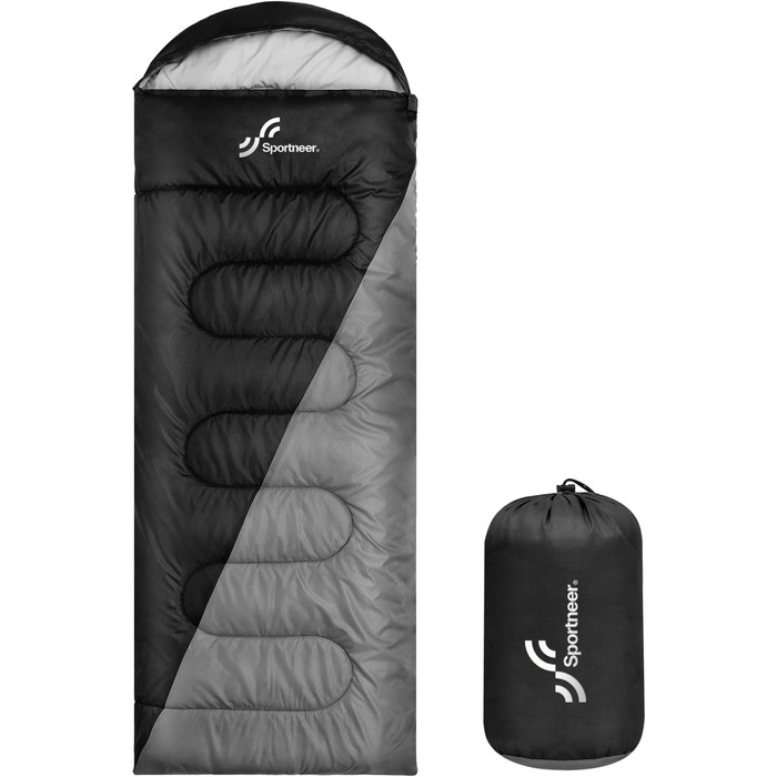 Сплячий мішок Outdoor Sportneer для дорослих та дітей - легкий, зручний для кемпінгу, походу, рюкзака. Розмір 220x75 см, чорно-сірий