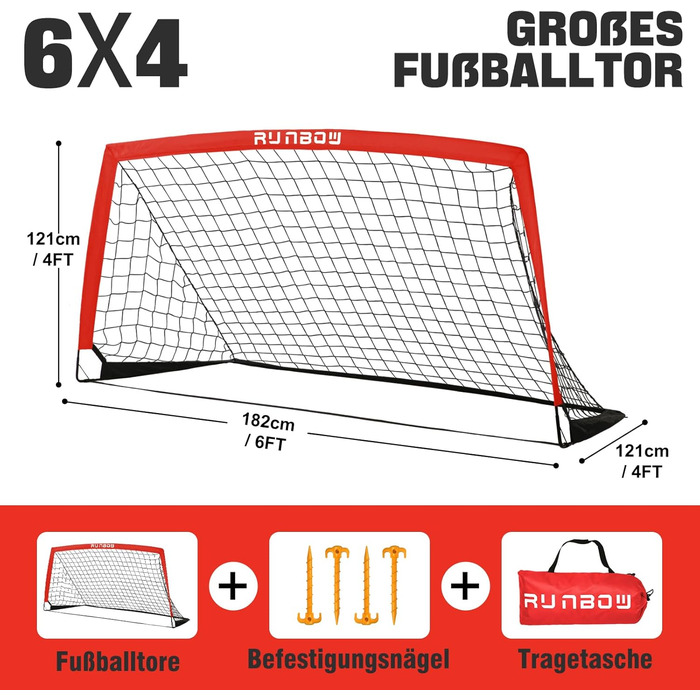 Дитячі ворота для футболу RUNBOW 1,8 x 1,2 м, переносні, з сумкою (2 шт., червоні)