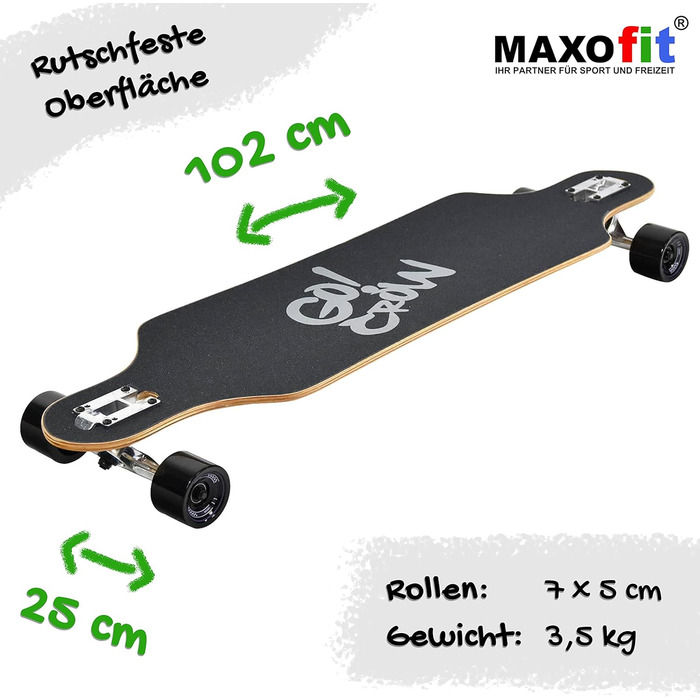 Лонгборд MAXOfit у різних дизайнах, з якісною декою з клена/бамбука для початківців та досвідчених Crow