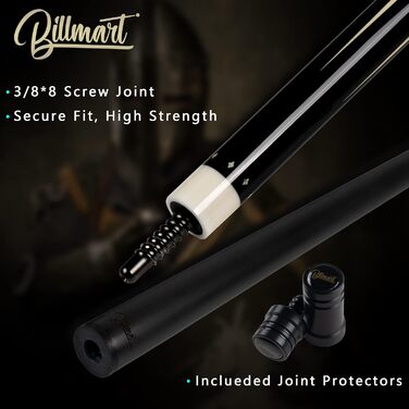 Більярдний кий Billmart з вуглецевого волокна, низький відхил, 19 унцій, з жорстким чохлом, чорний