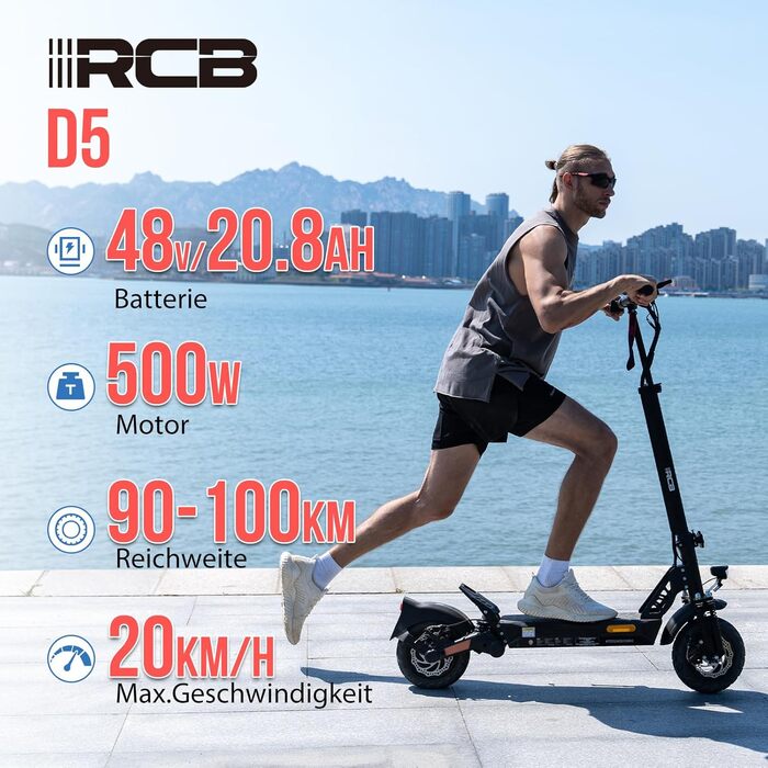 Електросамокат RCB D5 з допуском на дороги (ABE), запас ходу 90-140 км, акумулятор 20.8-27 А·год, мотор 500 Вт, 10-дюймові антипроколі шини, додаток, подвійна амортизація, складаний