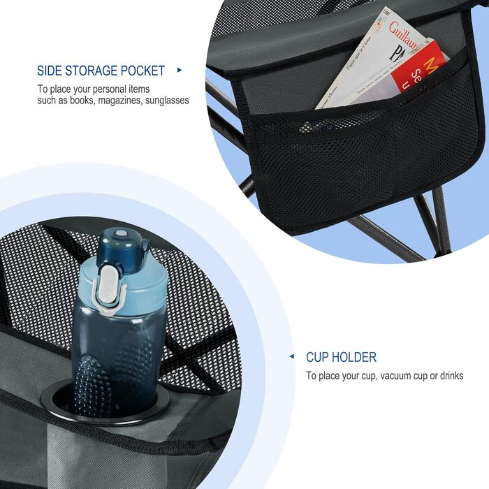 Складний стілець для кемпінгу eSituro: рибальський, пляжний з підставкою для ніг та тримачем для напоїв, сірий