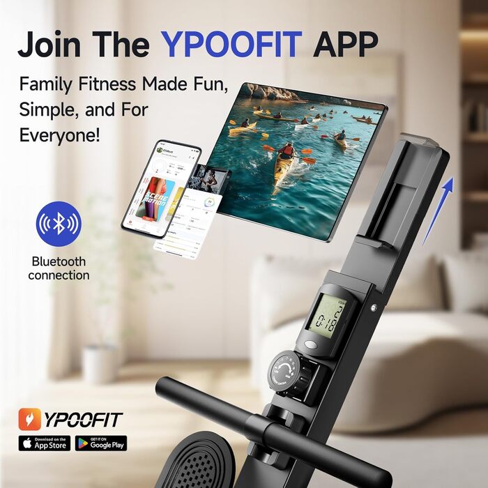 Магнітний тренажер для ходьби та греблі YPOO для дому, складаний з 16 рівнями навантаження, подвійною рейкою, LCD-дисплеєм та підтримкою додатка, чорний