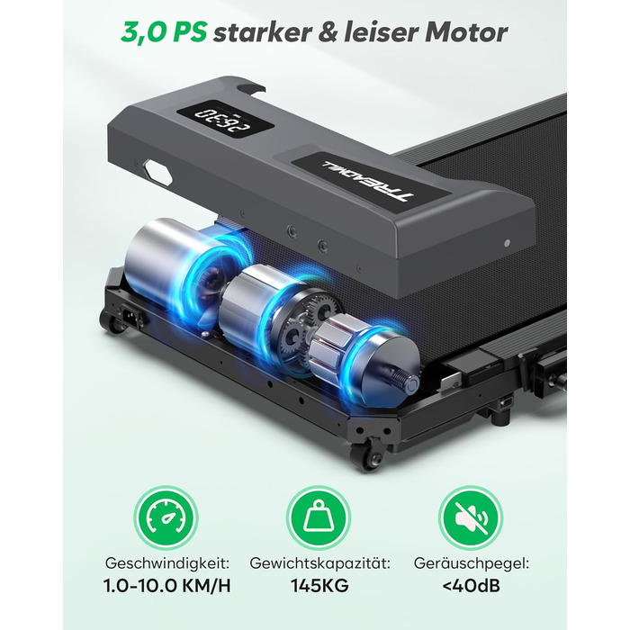 Тренажер для дому 2-в-1 Laufband Klappbar: складаний біговий килимок з нахилом 10%, потужність 3.0PS, LED-дисплей, для дому та офісу, до 145 кг, чорний з ручками