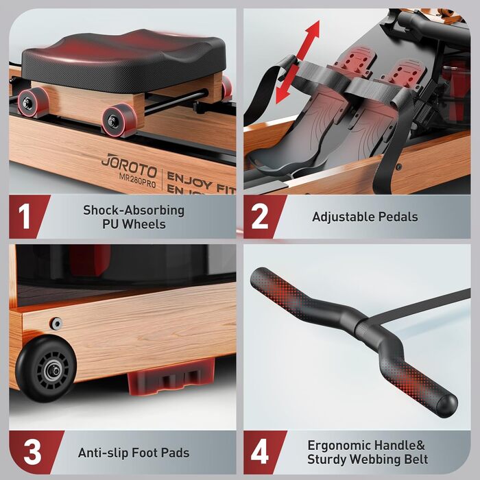 Гребний тренажер JOROTO MR280PROB для дому з дуба, з Bluetooth, складний, з дисплеєм та підтримкою Kinomap, регульований тримач для планшета, до 150 кг