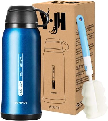 Термос-пляшка Y·J&H з нержавіючої сталі, 650 мл, блакитна. Двостонна ізоляція, без BPA, з кришкою-чашкою. Ідеально для гарячих напоїв, кемпінгу та відпочинку на природі.