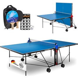 Стіл для тенісу GEWO AWR Outdoor – складаний, вологостійкий – Меламін – Розмір ITTF, з сіткою, ракетками та м'ячами – Зроблено в Німеччині