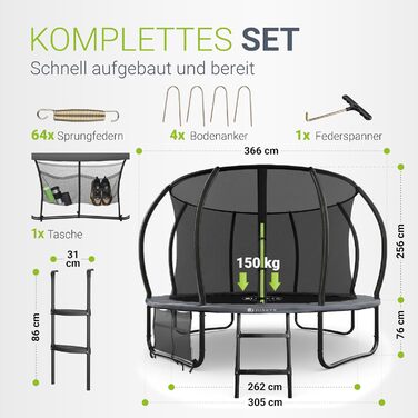 Трамплін Juskys SkyBounce Ø 228/305/366 см для саду з сіткою безпеки та драбиною
