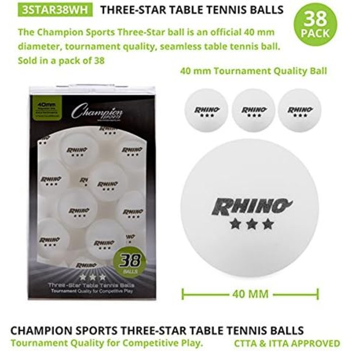 Champion Sports: Набір тенісних м'ячів для настільного тенісу, 3 зірки, білі, 38 шт.