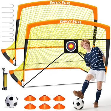 Ворота для футболу Dimples Excel Pop-Up – розкладні для дітей | 1 або 2 шт. в розмірах 120x90 / 152x110 / 213x152 см | 3 кольори на вибір | Опційно з м'ячем, насосом, конусами та мішенню | Для саду та подарунка (2-213x152 помаранчевий+аксесуари)