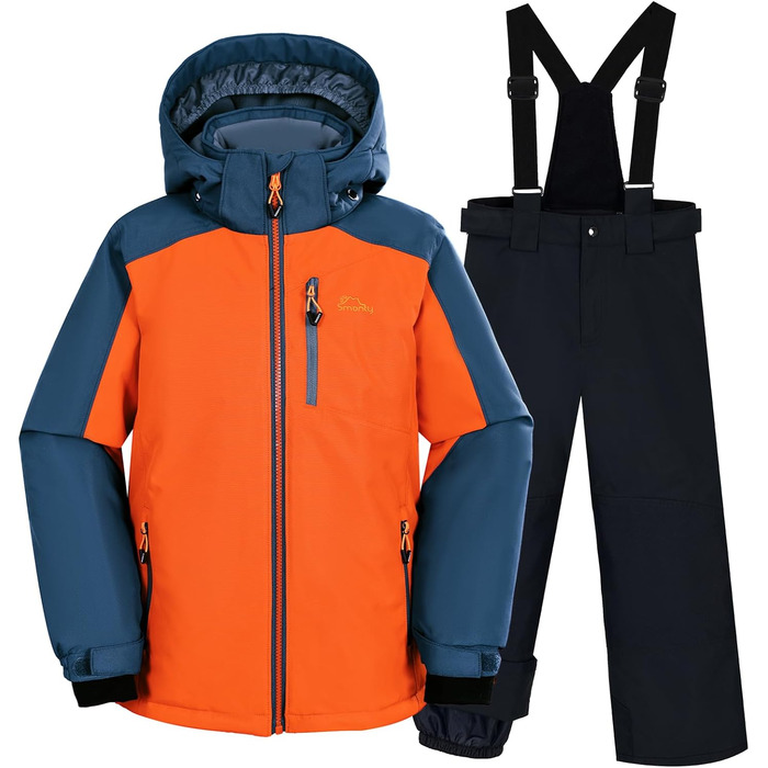 SNOWER Дитячий зимовий комбінезон для хлопчика з капюшоном, теплий гірськолижний костюм, кольоровий зелений (6-7 років, помаранчевий)