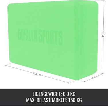 Йога-блок GORILLA SPORTS для йоги та пілатесу, протиковзкий EVA-пінопласт, 23,5 x 15 x 8 см, зелений