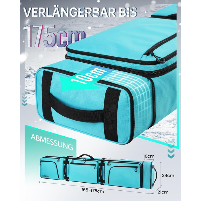 Чохол для сноуборду YOREPEK з колесами, водонепроникний, з 6 кишенями для сноуборду та лиж, розширюваний, 170 см, для подорожей літаком (Світло-блакитний)