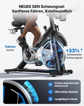 Велотренажер MERACH з магнітним опором, тихий, з покращеним амортизованим сидінням, власний додаток, стабільний H-фрейм, до 150 кг, блакитний з екраном