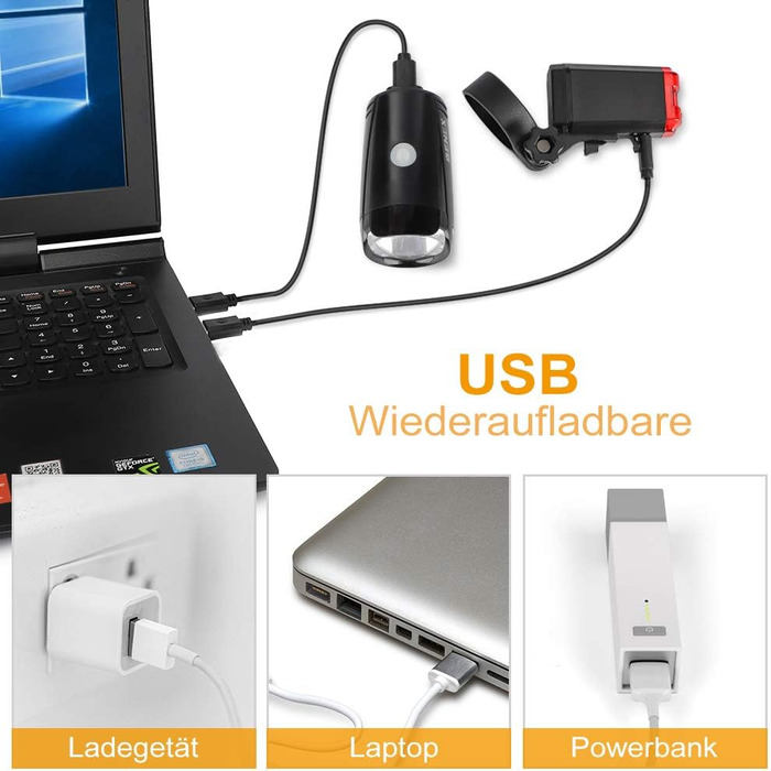 Набір велоліхтарів Opard: передній ліхтар LED, USB-зарядка, водонепроникний, схвалений StVZO, 2 режими освітлення