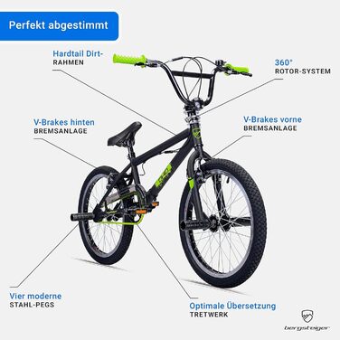 Bergsteiger Ohio BMX 20 дюймів, фрістайл, 360° ротор, 4 стальні пеги, захист ланцюга, вільний хід, чорний матовий
