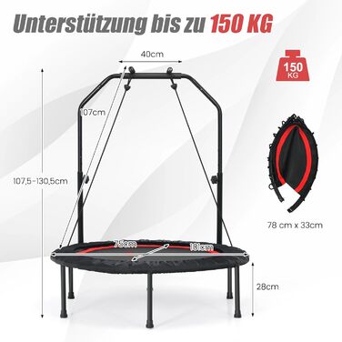 Фітнес-батут COSTWAY 101 см з регульованою ручкою та 2 еластичними стрічками, складаний батут для дорослих та дітей, витримує до 150 кг, червоний