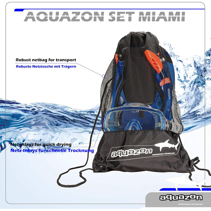 Дитячий набір для підводного плавання AQUAZON Miami: маска з прозорим склом, ласти, трубка, для дітей 7-14 років, регулюється на 5 розмірів, темно-синій, 27/31