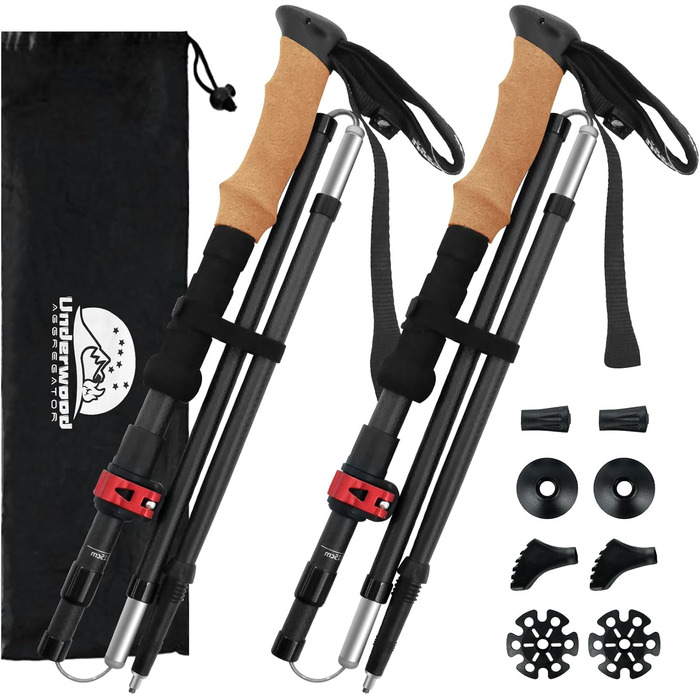 Вандершток UnderwoodAggregator Carbon Fiber – 2 шт. Легкі та регульовані трекінгові палиці для жінок та чоловіків, складані, з швидкою фіксацією, для подорожей з рюкзаком, чорний