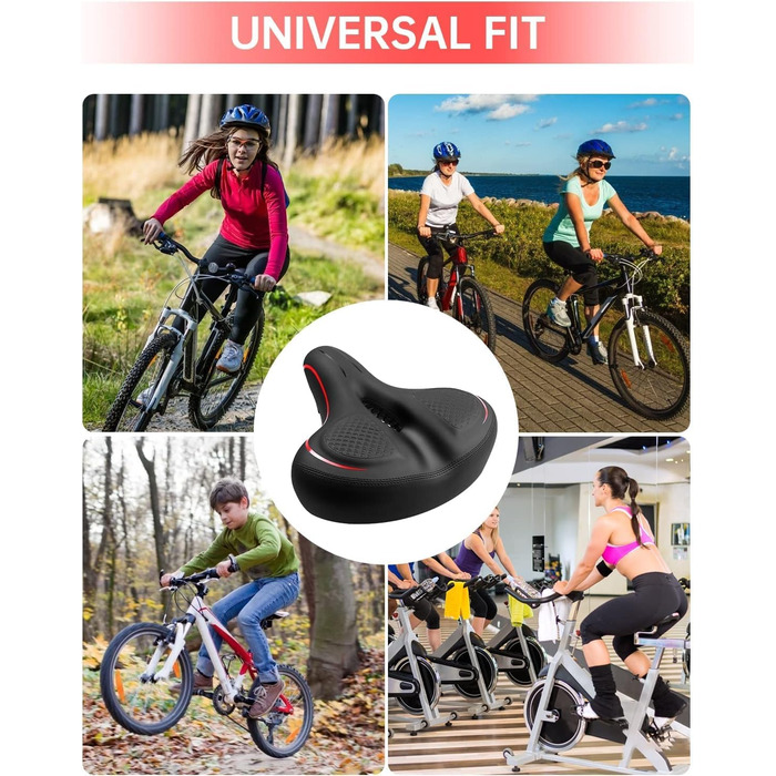 Широке велосипедне сідло з пам'яті ефекту для жінок та чоловіків, чорне/червоне. Зручне, водонепроникне, дихаюче, з інструментами. Підходить для міських велосипедів, шосе, MTB, круїзерів, велотренажерів.
