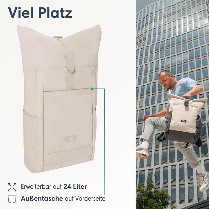 Рюкзак LARKSON Rolltop для жінок, великий, бежевий, антивикрадний, водовідштовхувальний, для школи, університету, велосипеда, 16'' ноутбук, екологічний