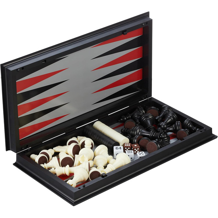 Шахи Relaxdays 3-в-1: шахи, шашки, нарди. Магнітний, складаний, 32x32 см, чорний/білий