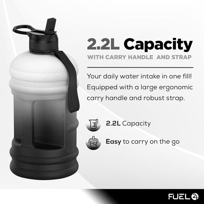 Спортивна пляшка для води Fuel24 Jug на 2,2 літра, велика ємність, без БПА, з ручкою та вибором кришки (потік або трубочка)