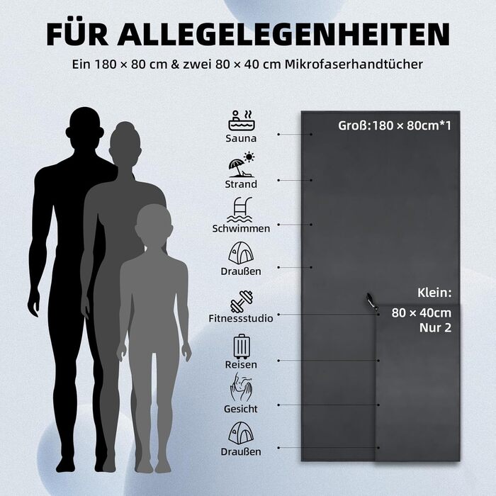 Набір рушників Damoguin 3 шт. з мікрофібри (великий 180x80 см, 2 шт. малі 80x40 см) – швидковисихаючі спортивні рушники для фітнесу, пляжу, басейну та подорожей (темно-сірий)