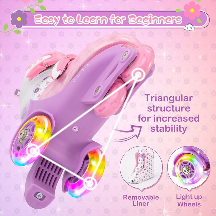 Дитячі ролики для дівчаток, 4 розміри, регульовані, безпечні, з дихаючим матеріалом, квіткові, EU 28-32