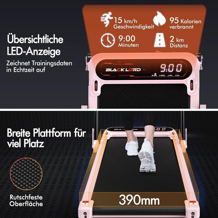 Біговий доріжка BLACK LORD X7, Walking Pad під стіл, 3.0PS, до 130кг, Bluetooth, 3 рівня нахилу, рожевий