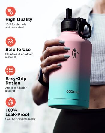 Термос-бутилка Coolflask 2 л з трубочкою та 3 кришками, нержавіюча сталь, вакуумна ізоляція, для спорту та офісу, колір Bubble Gum