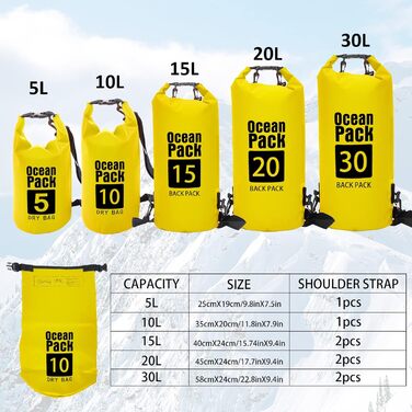 Водонепроникний мішок Dry Bag 30L з регульованим плечовим ременем. Ідеально для каякінгу, сплаву, туризму, кемпінгу та сноубордингу. Жовтий колір
