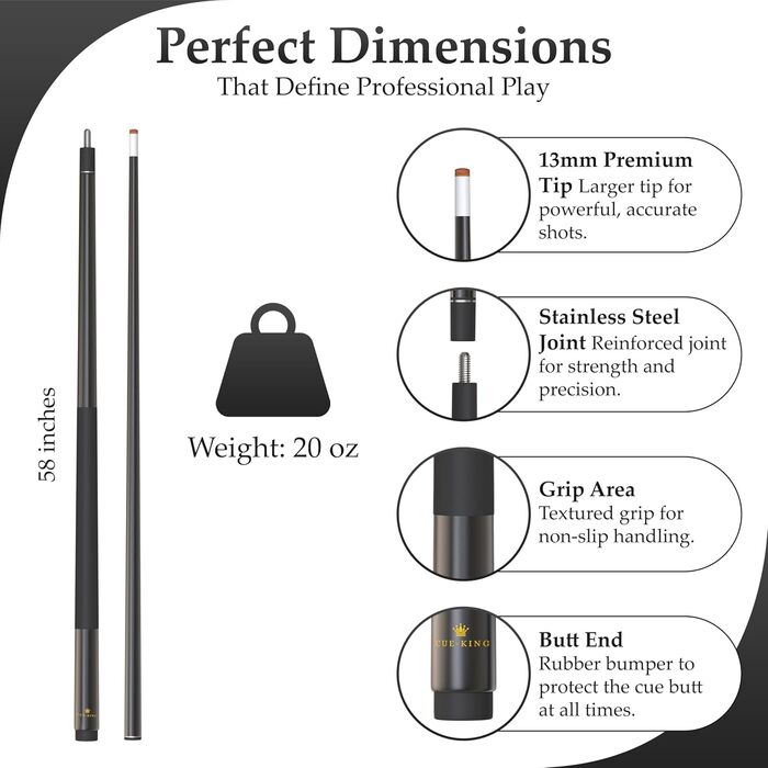 Більярдний кий (2 шт.), 147.3 см, 567 г, з преміум-наконечником 13 мм та ручкою, з графітового композиту