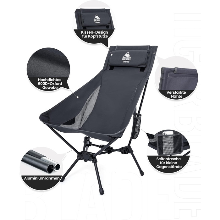 Стілець для кемпінгу OneTigris TIGERBLADE з високою спинкою, 170 кг, складаний, легкий, з трикутним каркасом, для риболовлі з 2 кишенями, для відпочинку на природі, піших прогулянок (сірий)