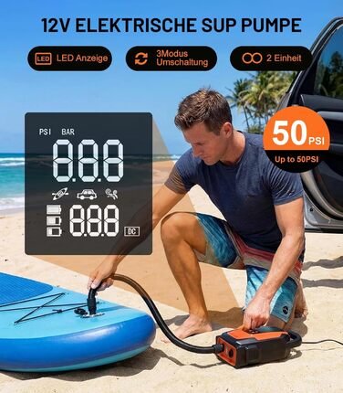 Електричний насос для SUP дошки 50PSI 3-в-1, 12V, для човнів, каяків, автомобілів та надувних виробів