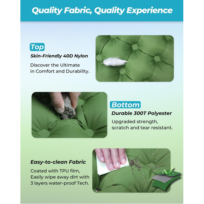 Надувна туристична матрац COOLERO з помпою та подушкою, зелена. Легка, компактна, для кемпінгу та подорожей.