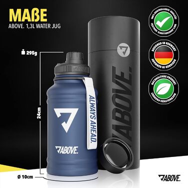 Сталева термофляга ABOVE 1.3L/2.2L – без BPA, не протікає, міцна – 2L металева пляшка з додатковим клапаном для спорту, фітнесу та відпочинку на природі. Якісна подарункова коробка (Синій, 1300 мл)