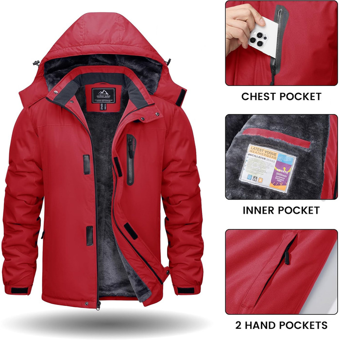 TACVASEN Зимова куртка для чоловіків, водонепроникна, тепла, флісова підкладка, софтшелл, дихаюча, функціональна куртка з капюшоном (M, Червоний)