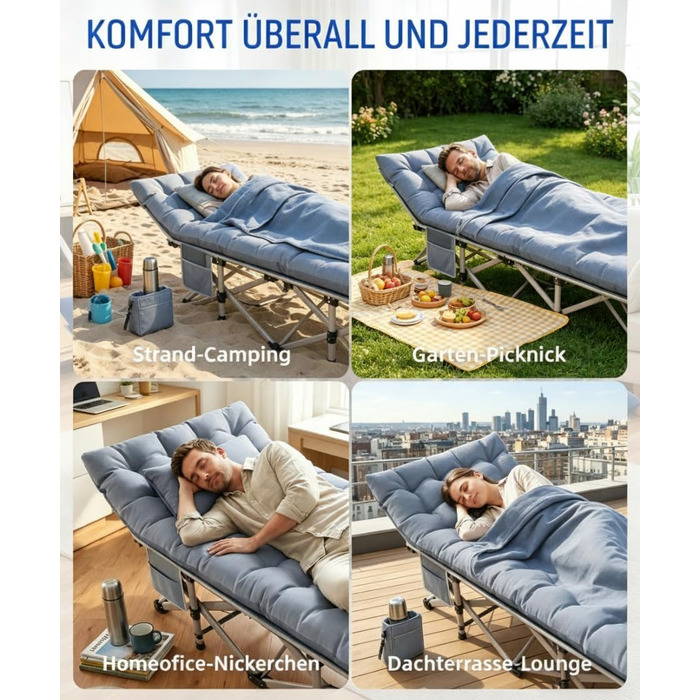 Ліжко туристичне розкладне Feldbett XXL 250 кг 2 шт сіре - 7 зон, 1200D Oxford, кут нахилу 15°, для кемпінгу, саду, палатки