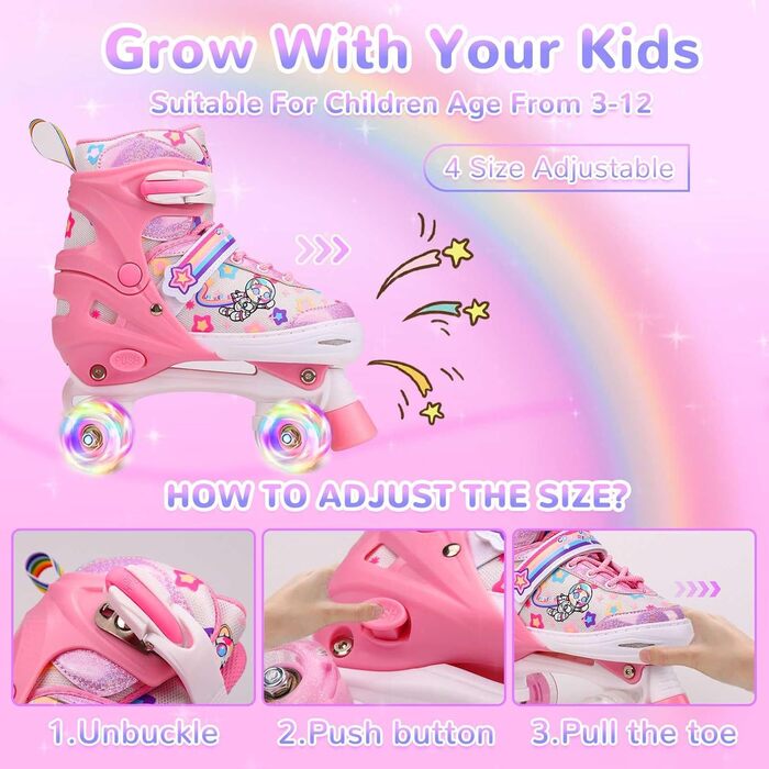 Роликові ковзани для дітей з LED підсвічуванням, регульовані, зручні та дихаючі, квад ковзани для дівчаток та хлопчиків, початківців (рожеві, L(39-42))