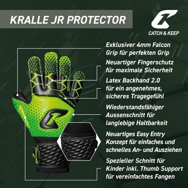 Дитячі воротарські рукавички CATCH & KEEP Protector: Преміум захист, надсильний хват, 6 пальців, зелені