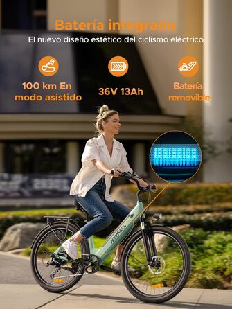 MileCity1 26'' електровелосипед для дорослих, 7-ступеневий, знімний акумулятор 36В 13Аг, швидкість 25 км/год, запас ходу 80–100 км, міський електровелосипед для щоденних поїздок, водонепроникний IP65