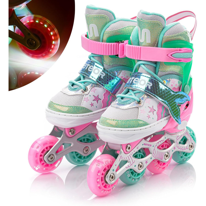 Дитячі ролики-інлайнери LED з регулюванням, фіолетовий, русалка. Зручні ролики для перших спроб катання, з підсвічуванням та змінним розміром.