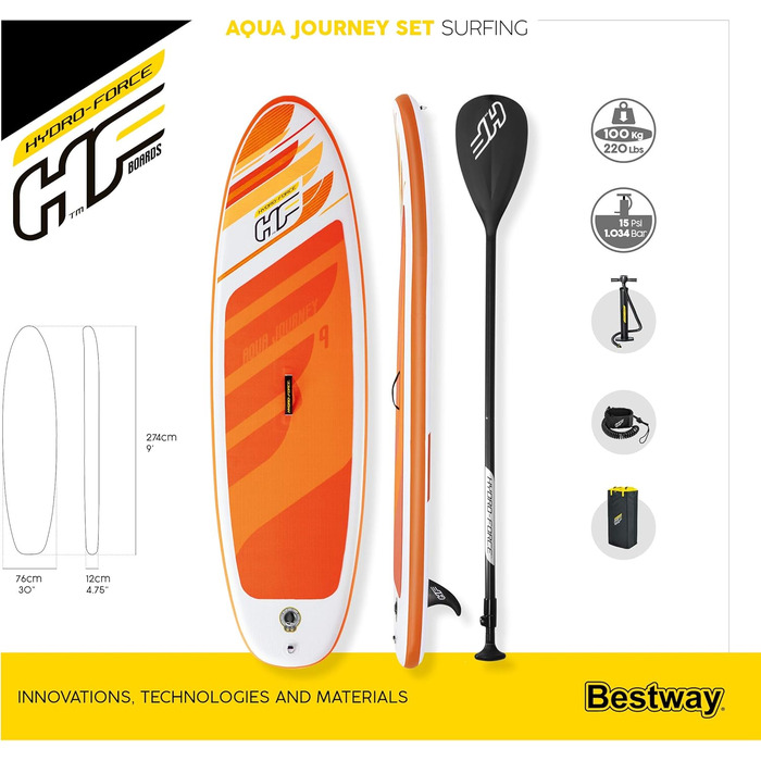 Надувна SUP-дошка Hydro-Force, комплект, різні розміри 2,4–3,8 м, весло, для водних видів спорту