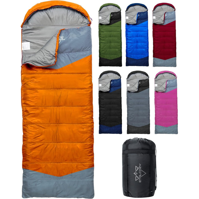 Спальні мішки для дорослих та дітей – для холодної та теплої погоди. Водонепроникний, легкий спальний мішок для кемпінгу, походів та трекінгу (з компресійним мішком). Підходить для 3-4 сезонів, 10-20°C, 1.5KG – Чорний та Оранжевий