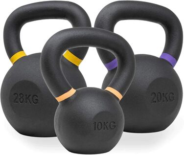 Гирі Strength Shop з чавуну 10кг, 20кг, 28кг, ергономічна ручка, кольорове маркування ваги, чорне порошкове покриття, надміцні, для функціонального тренування всього тіла, набір