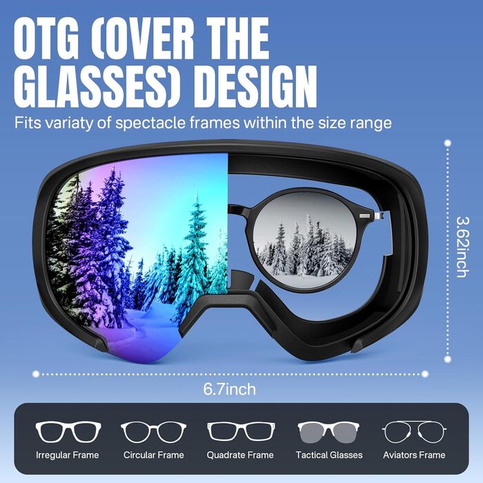 Очки для сноуборда OTG: мужские и женские, магнитные, антизапотевающие, 100% UV-защита, черные и синие